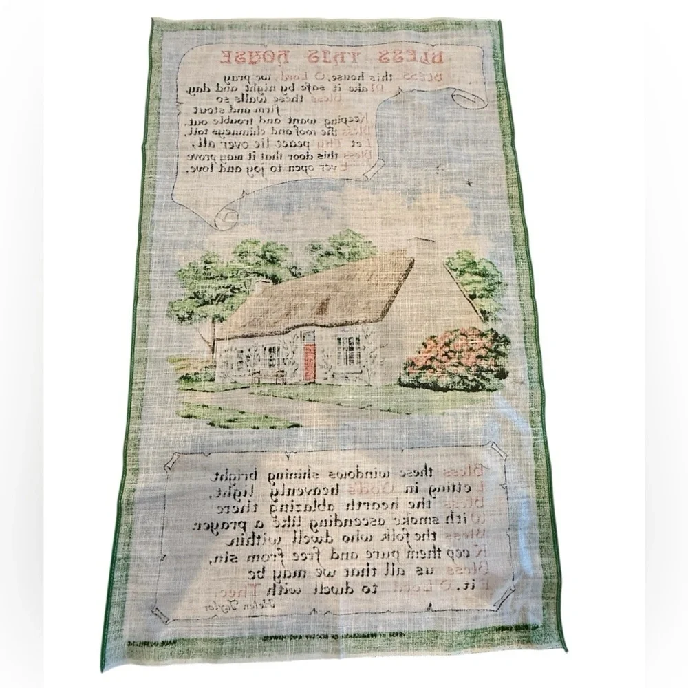 🔙📆VINTAGE Irish Linen Wall Hanging w/ Cottage Scene and “Bless This House” poem